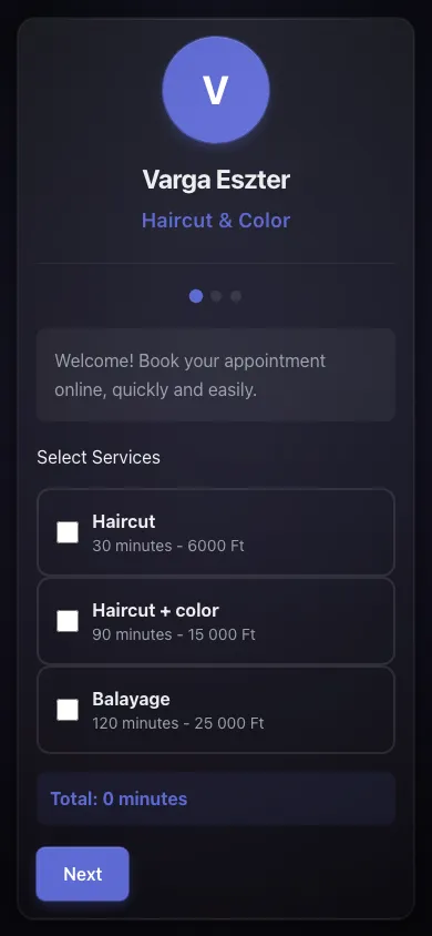 Booking page with service selection