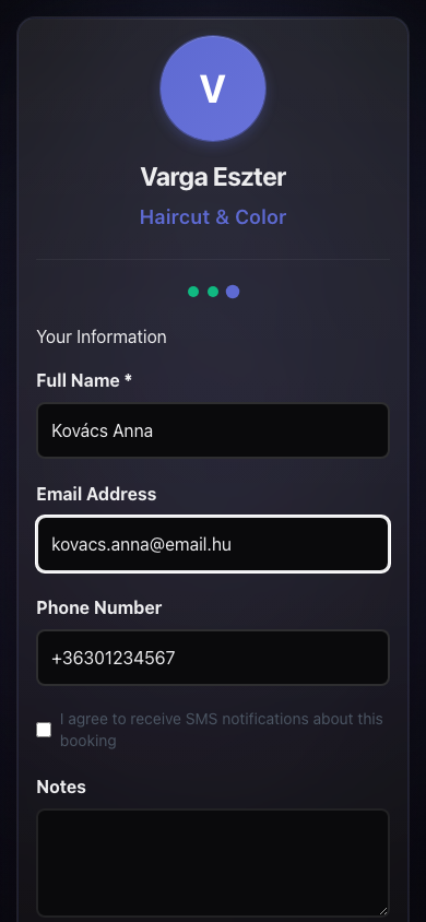 Booking form filled in
