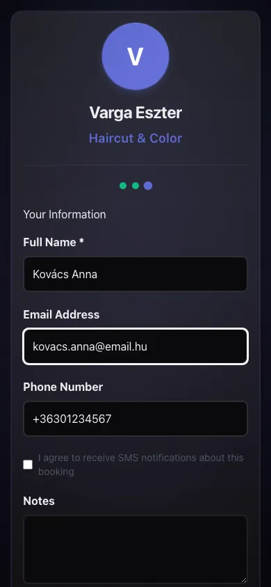 Booking form with customer details