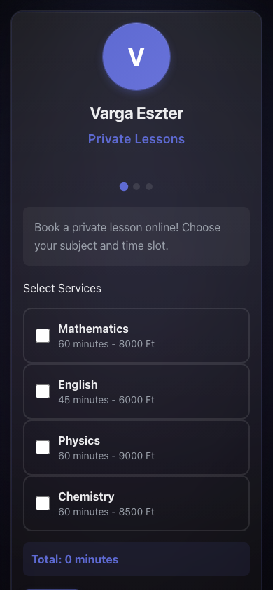 Tutor booking page with subjects and prices