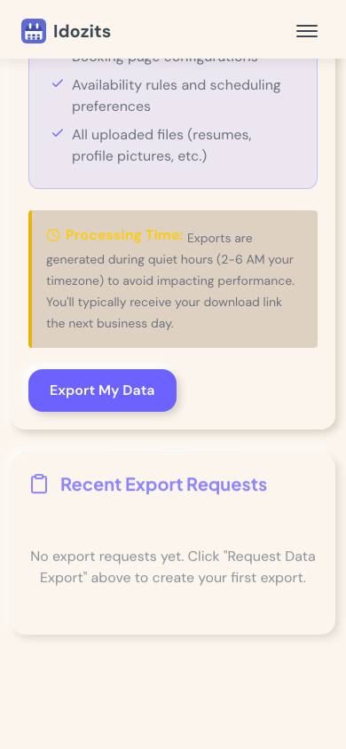 GDPR privacy settings — data export and account deletion