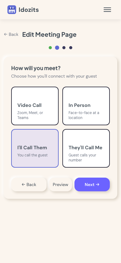 Meeting type selection — phone, video, in-person