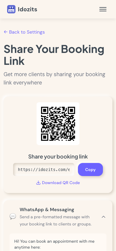 Share your booking link via WhatsApp and QR code