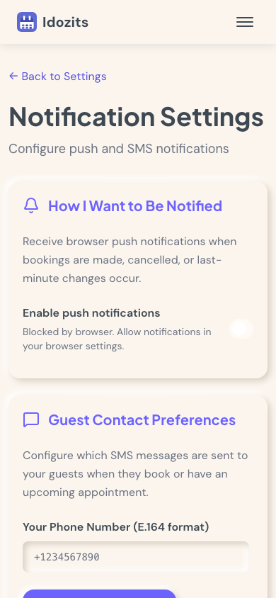 Notification settings — push and SMS preferences