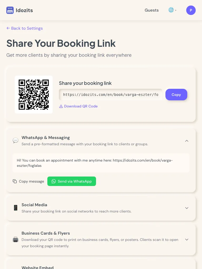 Share booking link on tablet