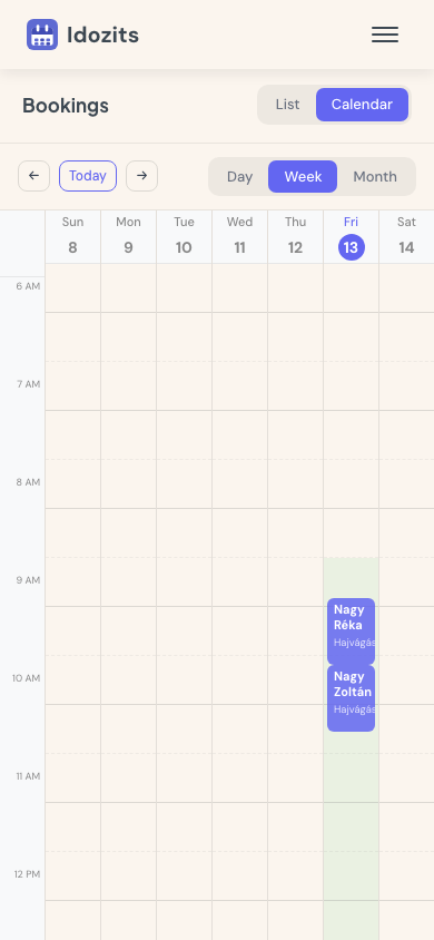 Calendar week grid with colored appointment blocks