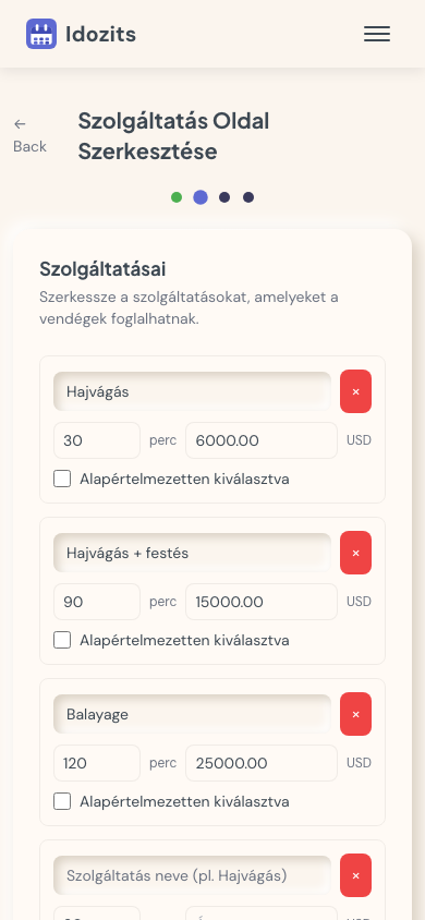 Szolgáltatás beállítás varázsló árakkal