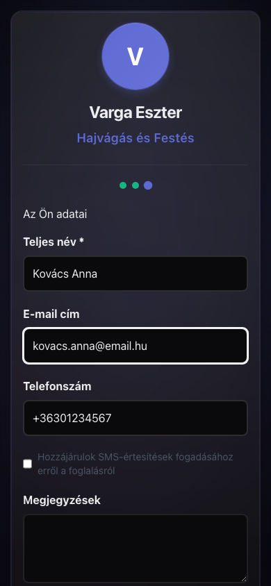 Foglalási űrlap kitöltve