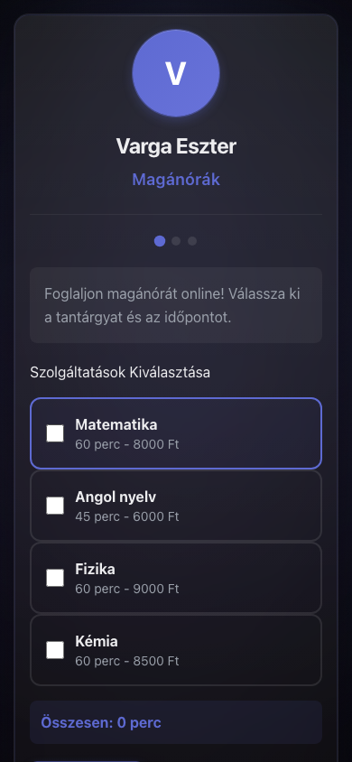 Magántanár foglaló oldal tárgyakkal és árakkal
