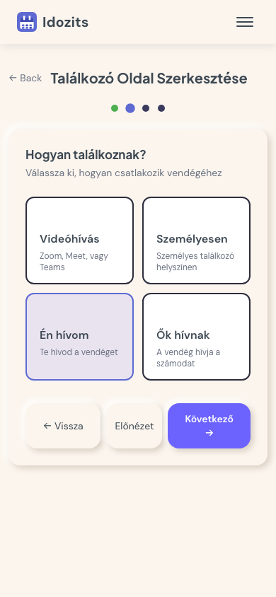 Találkozó típus választó — telefon, videó, személyes