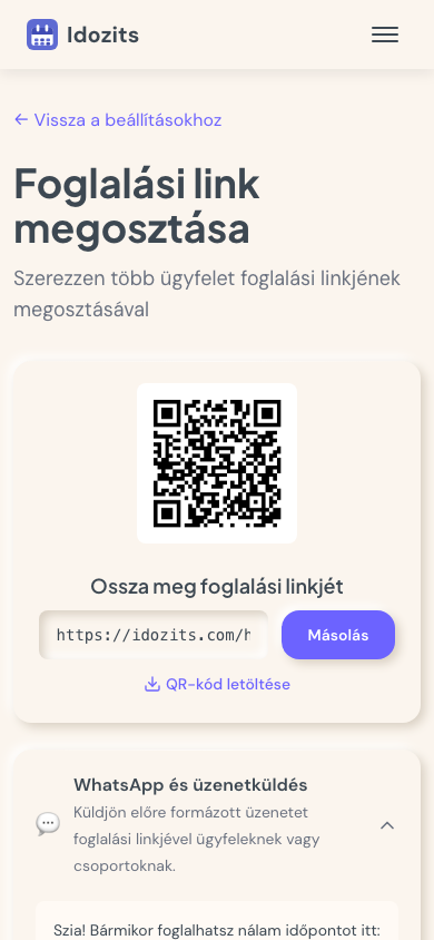 Foglaló link megosztása WhatsApp-on és QR kóddal