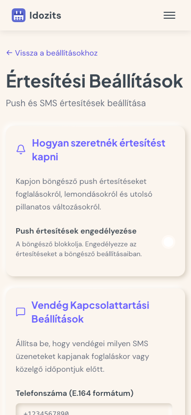 Értesítési beállítások — push és SMS preferenciák
