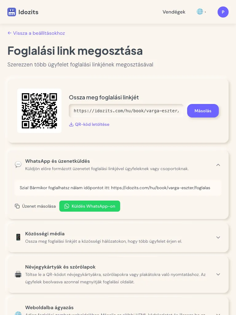Foglaló link megosztása tableten