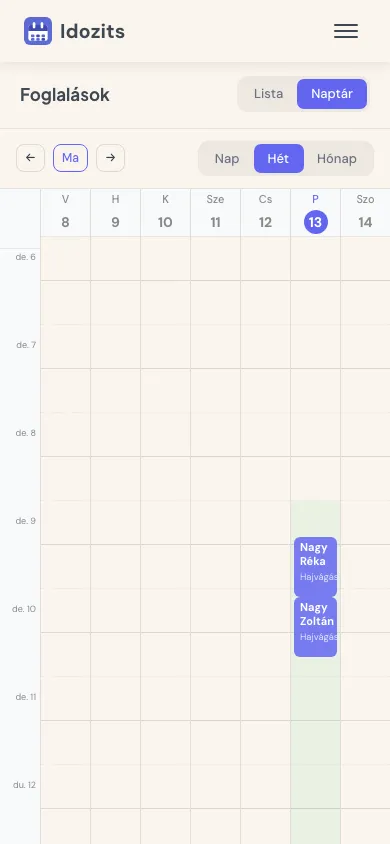 Naptár heti nézet foglalásokkal